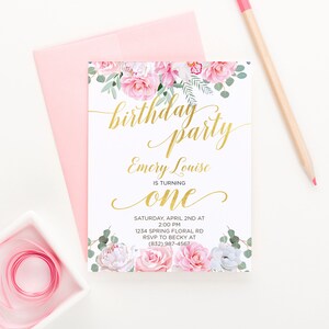 Floral Birthday Party Invitation for Girl Birthday Party Invite Printed, Elegant Birthday Invitations Flower Birthday Invitation Pink, BI094