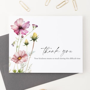 Tarjetas de agradecimiento plegadas con sobres, juego de papelería Wildflower, tarjetas de agradecimiento para funerales con mensaje, papelería conmemorativa FTY037