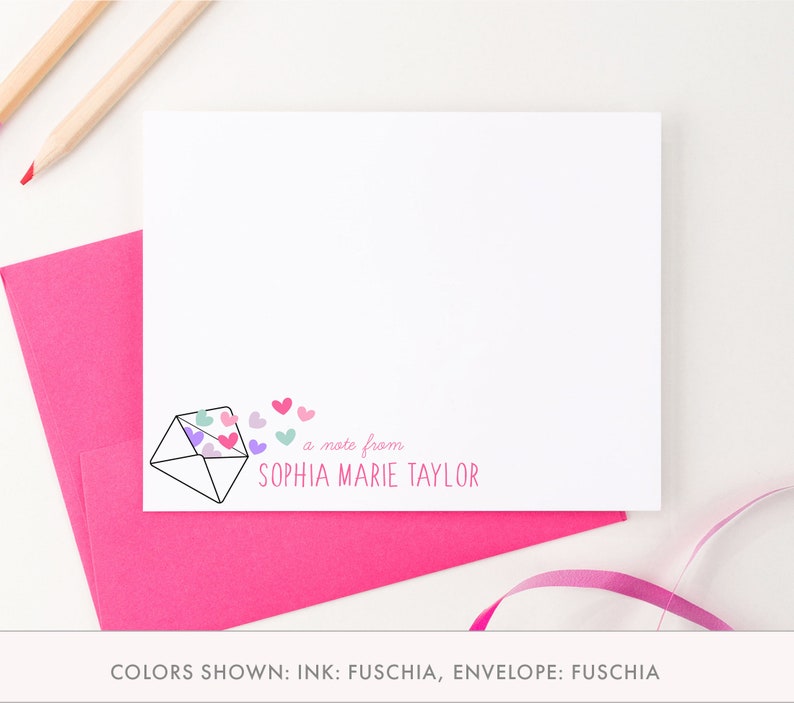 Girls Personalized Stationary, Customized Envelope Thank You Cards with Hearts, Heart Note Cards for Girl, Kids Stationary With Lines, KS123 image 1
