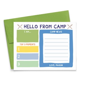 Papelería de campamento para niños, tarjetas de notas personalizadas planas con sobres, tarjeta de notas de campamento con nombre, KS275