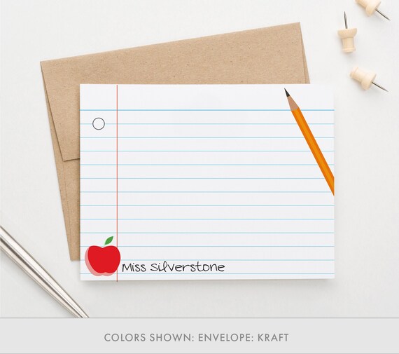 Teacher Stationery Set, Personalized Teacher Thank You Cards, Apple Stationary Lined, Customized Apple Thank You Notes for Teachers, PS109