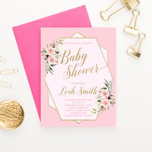 Girls Floral Baby Shower Invitations Girl Baby Shower Invitation Floral, Baby Shower Invites Pink and Gold, Elegant Baby Shower, BSI069