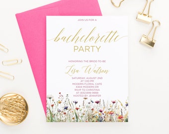 Wildflower Bachelorette Party Invitation Template, Custom Bachelorette Invites, Gold Floral Bachelorette Party Invitations BACI021