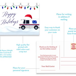 May include: A festive holiday postcard featuring a white mail truck with a Santa hat, decorated with red and green Christmas lights. The postcard reads "Happy Holidays" and includes space for a personal signature, address, and a postal stamp. The text "Thank you for thinking of me this holiday season!" is printed on the postcard.