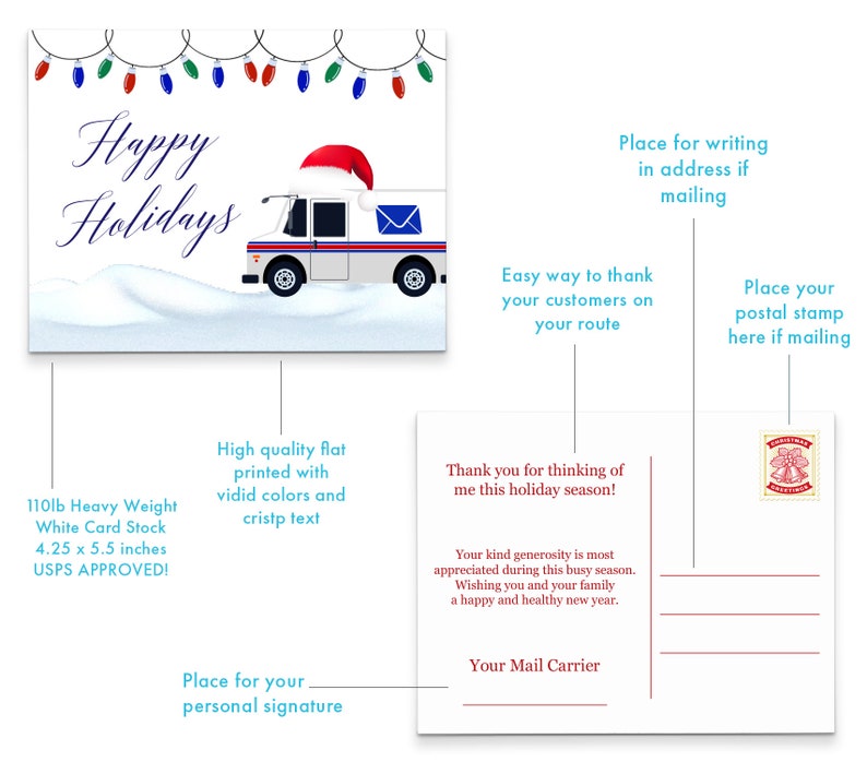 May include: A festive holiday postcard featuring a white mail truck with a Santa hat, decorated with red and green Christmas lights. The postcard reads "Happy Holidays" and includes space for a personal signature, address, and a postal stamp. The text "Thank you for thinking of me this holiday season!" is printed on the postcard.