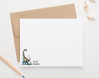 Personalized Watercolor Dinosaur Stationary For Kids, Flat Note Card With Name, Boy Stationery Set for Letter Writing, Dino Notecards KS248