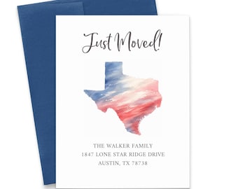 Texas Moving Announcement, FLAT We Moved Card Watercolor Lone Star State, Personalized New Address Cards Moved South, Homeowner Gift, MA074