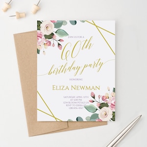 Floral 30th Birthday Party Invitation for Women Milestone Birthday Invite Printed, 40th Birthday Invitations Rustic Birthday Invites, BI115