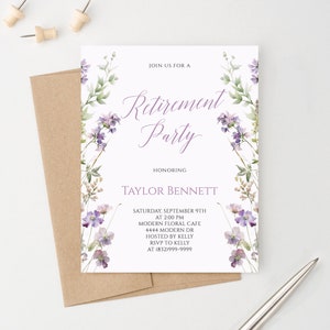 Invito elegante alla festa di pensionamento, Inviti di pensionamento moderni, Carte di pensionamento personalizzate, Inviti di pensionamento floreali viola RPI037