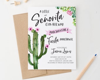 Fiesta Baby Shower Invitation Cactus Baby Shower Invitation Girl, Fiesta Baby Shower Invites Printed, Succulent Baby Shower invite,  BSI019