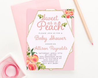 Sweet As A Peach Baby Shower Invitations Peach Baby Shower Invitation Girl Peaches Baby Shower Invitation, Peach Baby Shower Invite, BSI088