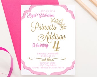 Princess Birthday Invitation for Girls Royal Princess Birthday Party Invites Printed, Girl Princess Birthday Party Invitations, Crown, BI015