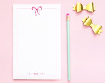 Personalized Kid Stationary Paper For Letter Writing, Watercolor Bow Stationery Notepad And Envelopes, Cute Note Pad With Name, Girls, NP462