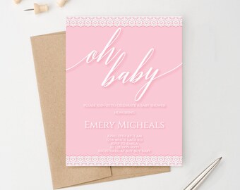 Pink Baby Shower Invitation Lace, Modern Baby Shower Invitations for Girl, Oh Baby Baby Shower Invites Printed, Pink and White Simple BSI086