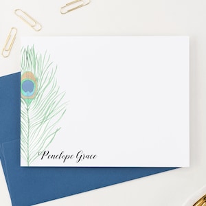 Peacock Feather Personalized Stationery for Women Elegant Note Cards with Feather, Custom Feather Stationary, Modern thank you Simple, PS046