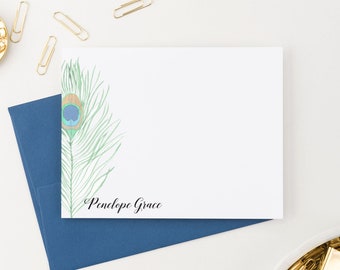 Peacock Feather Personalized Stationery for Women Elegant Note Cards with Feather, Custom Feather Stationary, Modern thank you Simple, PS046
