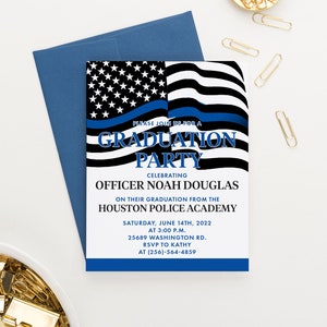 Police Academy Graduation Party Invitations Personalized Police Graduation Party Invites, Black and Blue Police Grad Party Invites, GPI014