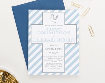 Blue and Grey First Communion Invitations for Boy First Communion Invites Printed, Modern First Communion Invitations Boys, Simple, FCI036