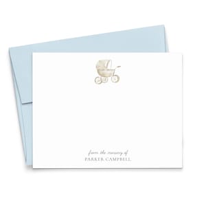 Papelería para bebé personalizada, género neutro, tarjeta de notas con acuarela y diseño de cochecito de bebé, tarjeta de agradecimiento personalizada para guardería con sobre, KS259