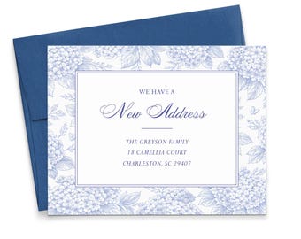 Blue Toile Moving Announcement Cards, FLAT We've Moved Announcements Chinoiserie Floral, Personalized Change of Address Cards, MA066