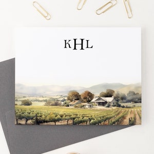 Personalisiertes Monogramm-stationäres Set, gefaltete Grußkarten mit Umschlägen, Aquarell-Weinbergslandschaft, Monogramm für Frauen, 3 Initialen MS082