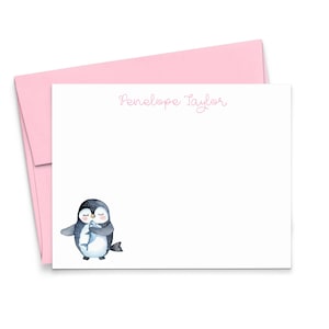 Personalisiertes Mädchen Briefpapier mit Umschlägen, Flacher Pinguin stationär für Kinder, benutzerdefinierte Aquarell Grußkarten, KS273