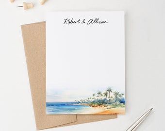 Couples Personalized Stationary, Flat Notecards With Envelopes, Tropical Beach Watercolor Landscape, Cards With Names, Palm Trees WS046