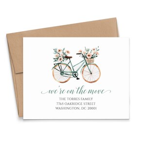 Kundenspezifische Umzugsmitteilungskarte mit Fahrrad, FLACHE Adressänderung Aquarell Blumenkarten mit Umschlägen, neue Hausankündigungen, MA039