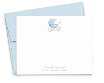 Personalized Note Cards For Baby Boy, Flat From The Nursery Of Thank You Cards With Envelopes, Baby Carriage Watercolor Stationary, KS257