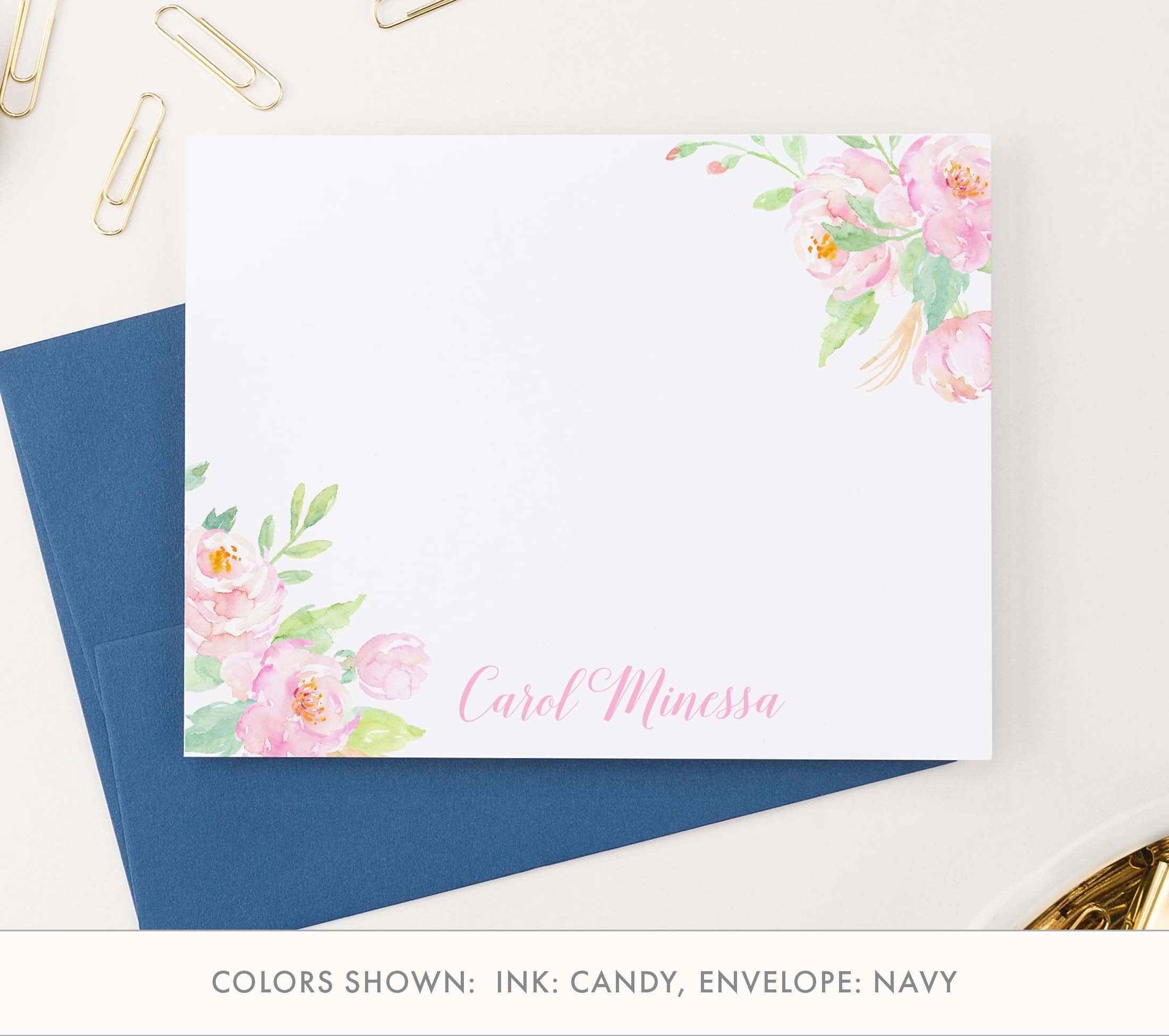 Personalized Pink Watercolor Floral Corners Stationery for Women Water Color Florals Thank You Cards, Elegant Floral Corners Notecards PS129