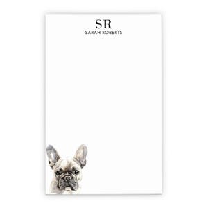 May include: A rectangular white notepad featuring the black text SR and SARAH ROBERTS at the top centre. The bottom left corner displays a watercolour illustration of a fawn-coloured French Bulldog with dark eyes and upright ears.