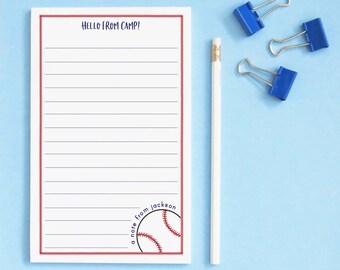 Baseball Summer Camp Notepads for Kids Hello From Camp Note pad Set, Sports Camp Stationery for Boys Camp Notes Personalized, Lined, NP275