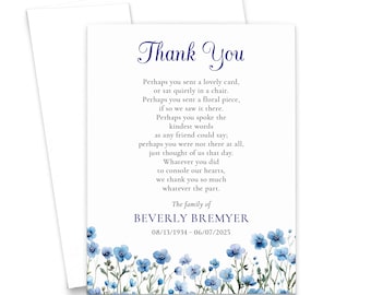 Forget Me Not Sympathy Card With Name, FLAT Personalized Funeral Thank You Note Watercolor Floral, Bereavement Notecard With Flowers, FTY048