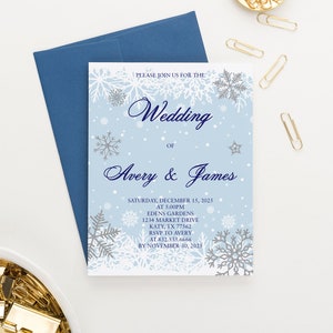 Winter Wedding Invites Personalized Winter Wedding Invitation with Snowflake Wedding Invitation, Elegant Wedding Invite Blue Wedding, WI044