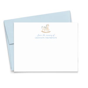 Papeterie personnalisée pour bébé avec enveloppes, cartes de remerciement plates aquarelles pour baby shower, cartes de correspondance de papeterie pour chambre de bébé cheval à bascule, KS260