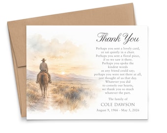 Western Theme Funeral Thank You Cards With Envelopes, FLAT Cowboy Sympathy Appreciation Notes, Personalized Memorial Cards Rustic, FTY064