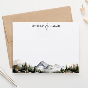 Personalisierte Hochzeit Briefpapier mit Umschlägen, Aquarell Berglandschaft Grußkarten, Flache Grußkarten Für Paare, Wald Briefpapier WS055