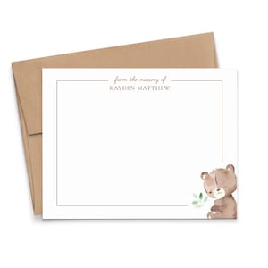 Papeterie personnalisée pour bébé, neutre en termes de genre, cartes de correspondance plates aquarelle ours avec enveloppes, jeu de cartes de remerciement pour chambre d'enfant, KS263