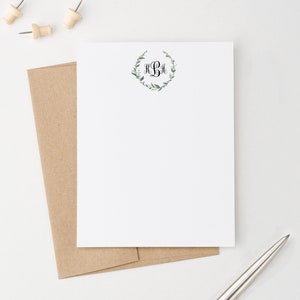 Cancelleria personalizzata con monogramma, biglietti piatti con buste, biglietti botanici acquerellati per donne, monogramma iniziale con 3 iniziali MS091