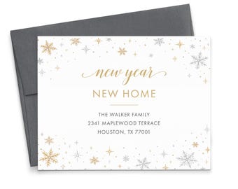 New Year New Home Cards, FLAT Holiday Moving Announcement Cards Snowflake Winter, Personalized New Address Cards Gold and Silver, MA076