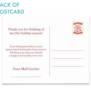 May include: A red and white Christmas postcard with a message thanking the recipient for their generosity and wishing them a happy and healthy new year. The postcard has a red and white Christmas stamp with a holly sprig and bells.