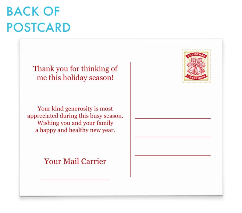 May include: A red and white Christmas postcard with a message thanking the recipient for their generosity and wishing them a happy and healthy new year. The postcard has a red and white Christmas stamp with a holly sprig and bells.