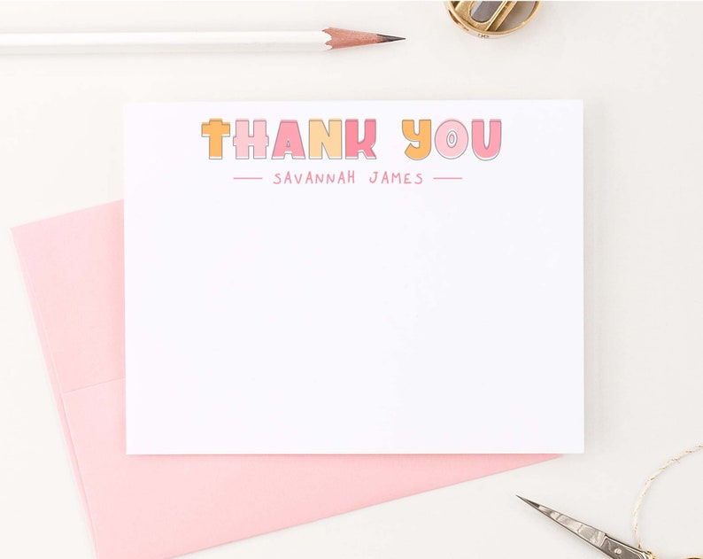 Simple Girls Thank You Cards Personalized Kids Thank You Notes Girl Thank You Stationery Set Modern Stationary Cards Block Font Kid KS178