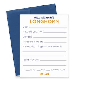 Cartões de acampamento personalizados com envelopes, papelaria plana para crianças preencherem os espaços em branco para escrever cartas, cartão de acampamento com nome, KS279