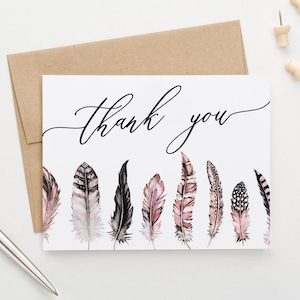 Cartes de remerciement Boho, Bébé Douche Merci Carte, Engagement Merci Notes Boho Merci cadeau, Plumes Merci Cartes élégantes TY050