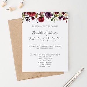 Burgundy Floral Wedding Invitations Personalized Fall Burgundy Wedding Invitation, Fall Wedding Invites Elegant Wedding Invite, Modern WI028