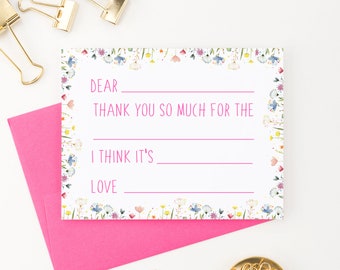 Kids Thank You Cards, Fill In The Blank Thank You Cards, Floral Thank You Cards, Girls Thank You Notes, Girl Stationary, Fill In Lines KS243