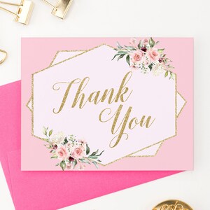 Elegante danku kaarten voor Baby Shower Thank You Notes, Engagement Thank You Cards, Floral Thank You Note, Roze en Goud Dank u, TY033