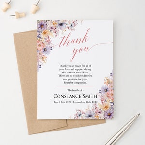 Biglietti di ringraziamento personalizzati con fiori di condoglianze, biglietti di ringraziamento per funerali con buste, carta commemorativa con fiori di campo e acquerello FTY025