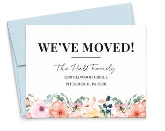 We've Moved Announcement Card With Pink Flowers, FLAT Custom Change of Address Announcements, Watercolor Floral New Home Cards Set, MA026
